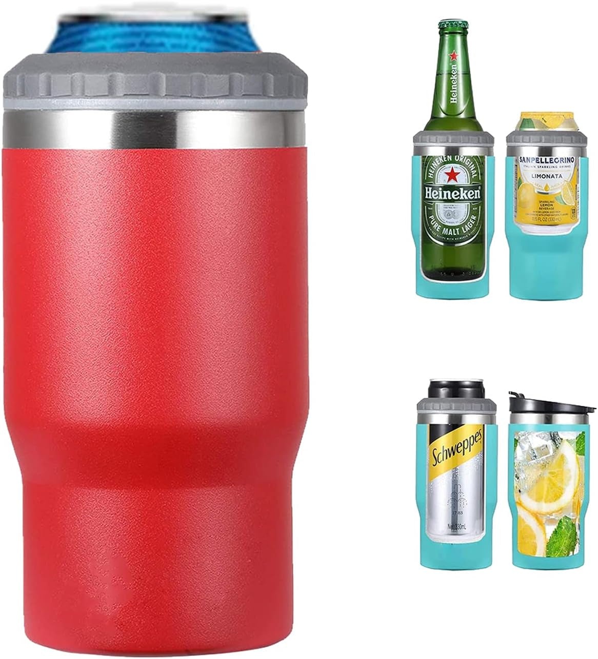 Hjemix | 4 i 1 rustfritt stål boks/flaske isolator, 14Oz toveis lokk SUS isolert boks kjøler, ølboksholder (Svart)