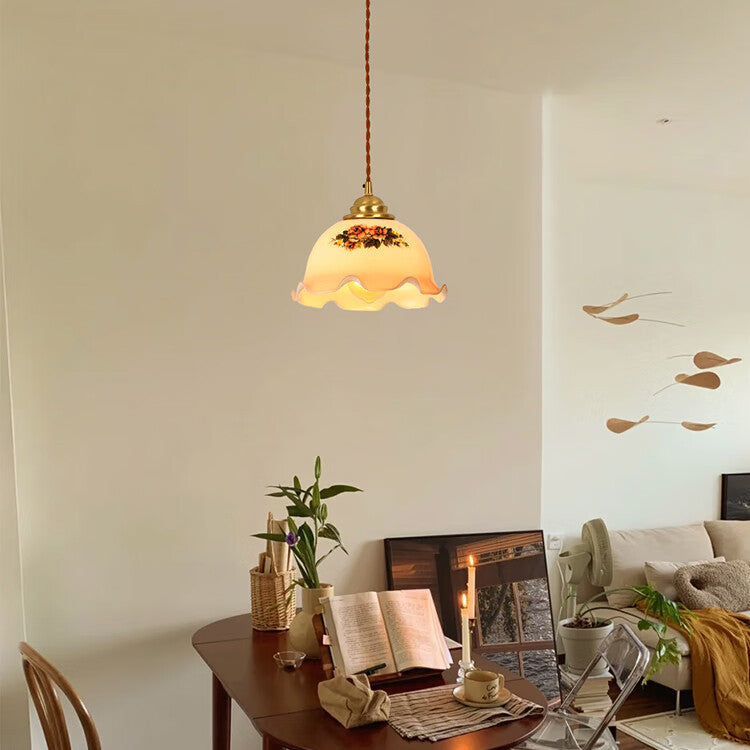 Hjemix | Tradisjonell Vintage Messing Snor Valnøtt Glass Blomst Buet 1-Lykt Pendellampe For Spiserom