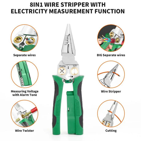 Hjemix | 8 i 1 Ledningsstripper Twister for Kutting og Trekking av Ledninger, Kabelsakser, Spenningsmåler Tenger, 12V til 250V Live