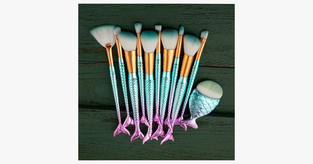 Hjemix | Havfrue Sminkekostsett med GRATIS Konturkost - Profesjonell Kosmetikkost for Øyenskygge, Eyeliner, Rouge & Concealer
