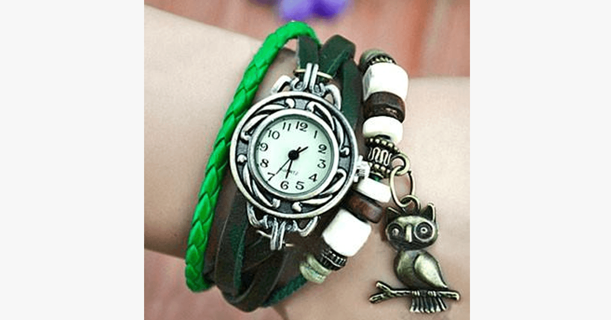 Hjemix | Ugle Vintage Wrap Klokke med Boho-Chic Stil Armbånd - Vevd mansjett-stil armbåndsur for et funky utseende!