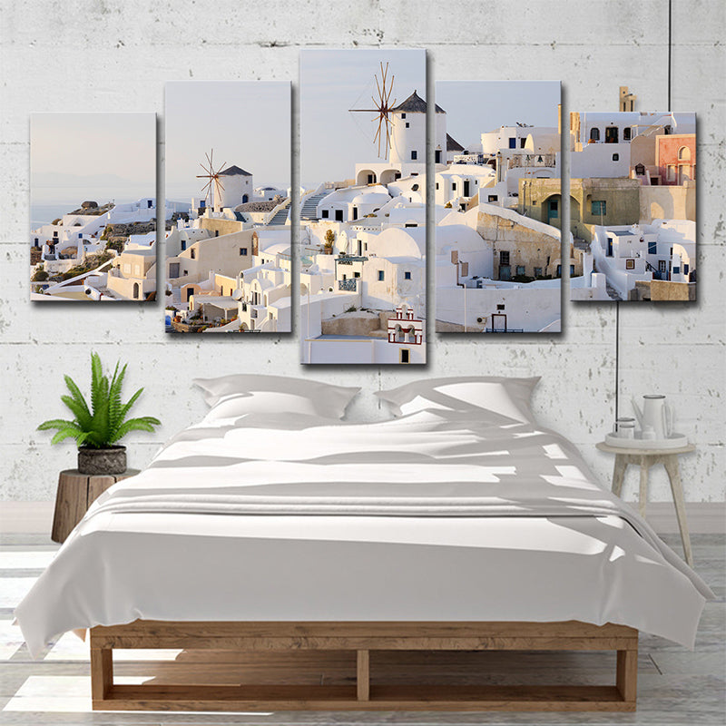 Hjemix | Hvit Santorini Hus Veggkunst Multi-Delt Globalt Inspirert Soverom Lerretsutskrift