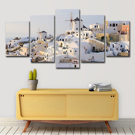 Hjemix | Hvit Santorini Hus Veggkunst Multi-Delt Globalt Inspirert Soverom Lerretsutskrift
