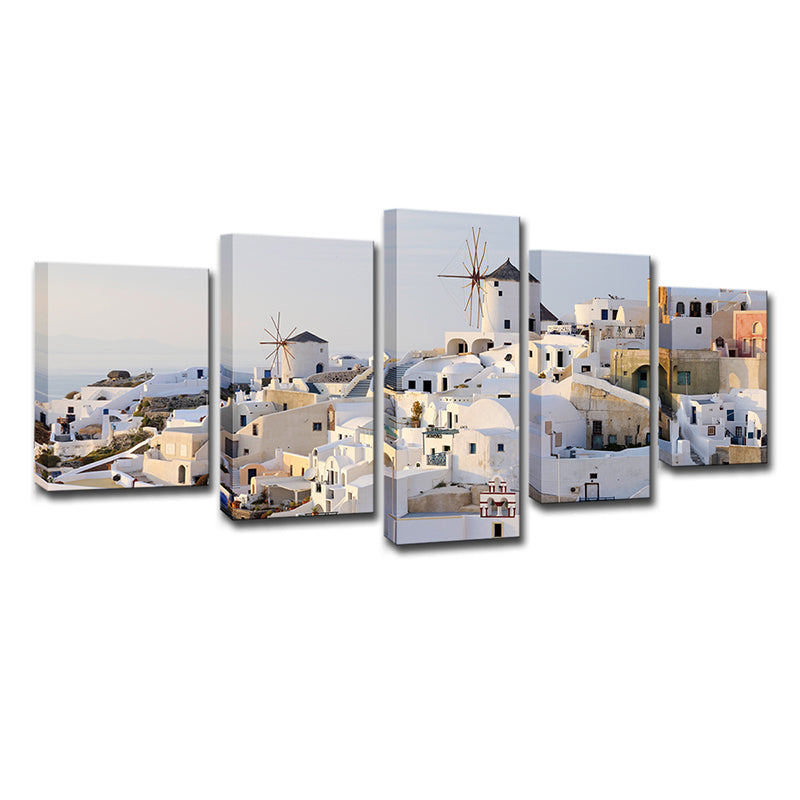 Hjemix | Hvit Santorini Hus Veggkunst Multi-Delt Globalt Inspirert Soverom Lerretsutskrift