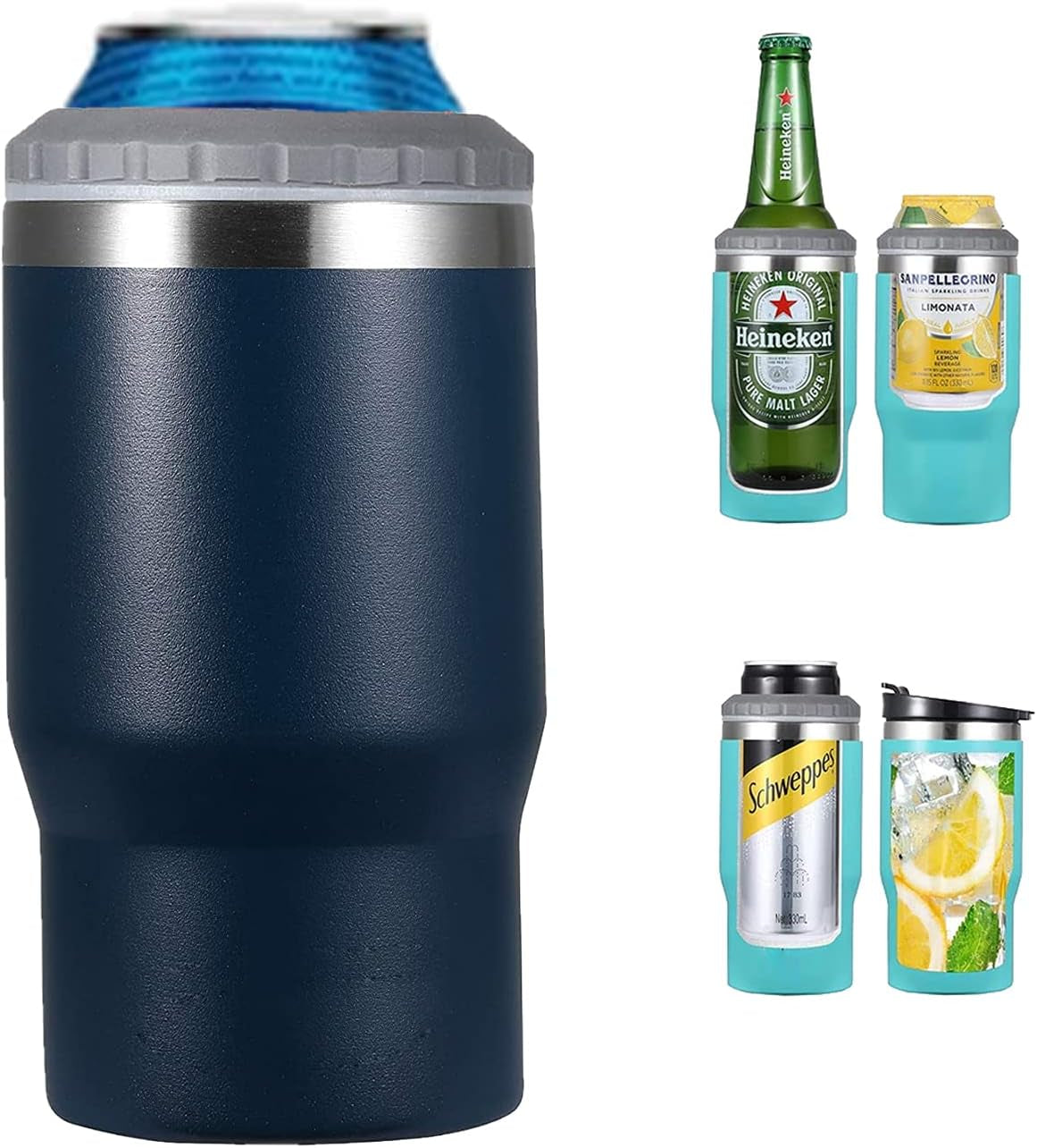 Hjemix | 4 i 1 rustfritt stål boks/flaske isolator, 14Oz toveis lokk SUS isolert boks kjøler, ølboksholder (Svart)