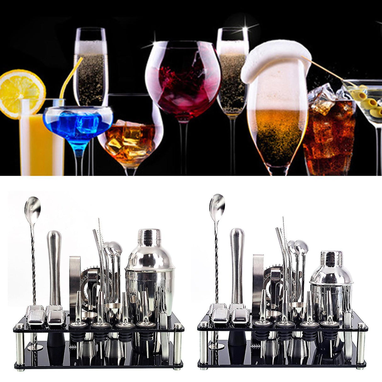 Hjemix | 23pcs/Set Bartender Kit Profesjonell Allsidighet Rustfritt Stål Martini Cocktail Shaker med Stativ Bar Tilbehør