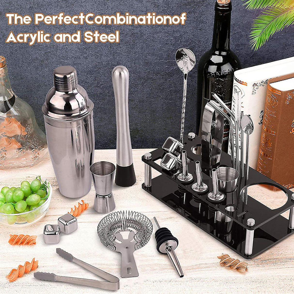 Hjemix | 23pcs/Set Bartender Kit Profesjonell Allsidighet Rustfritt Stål Martini Cocktail Shaker med Stativ Bar Tilbehør