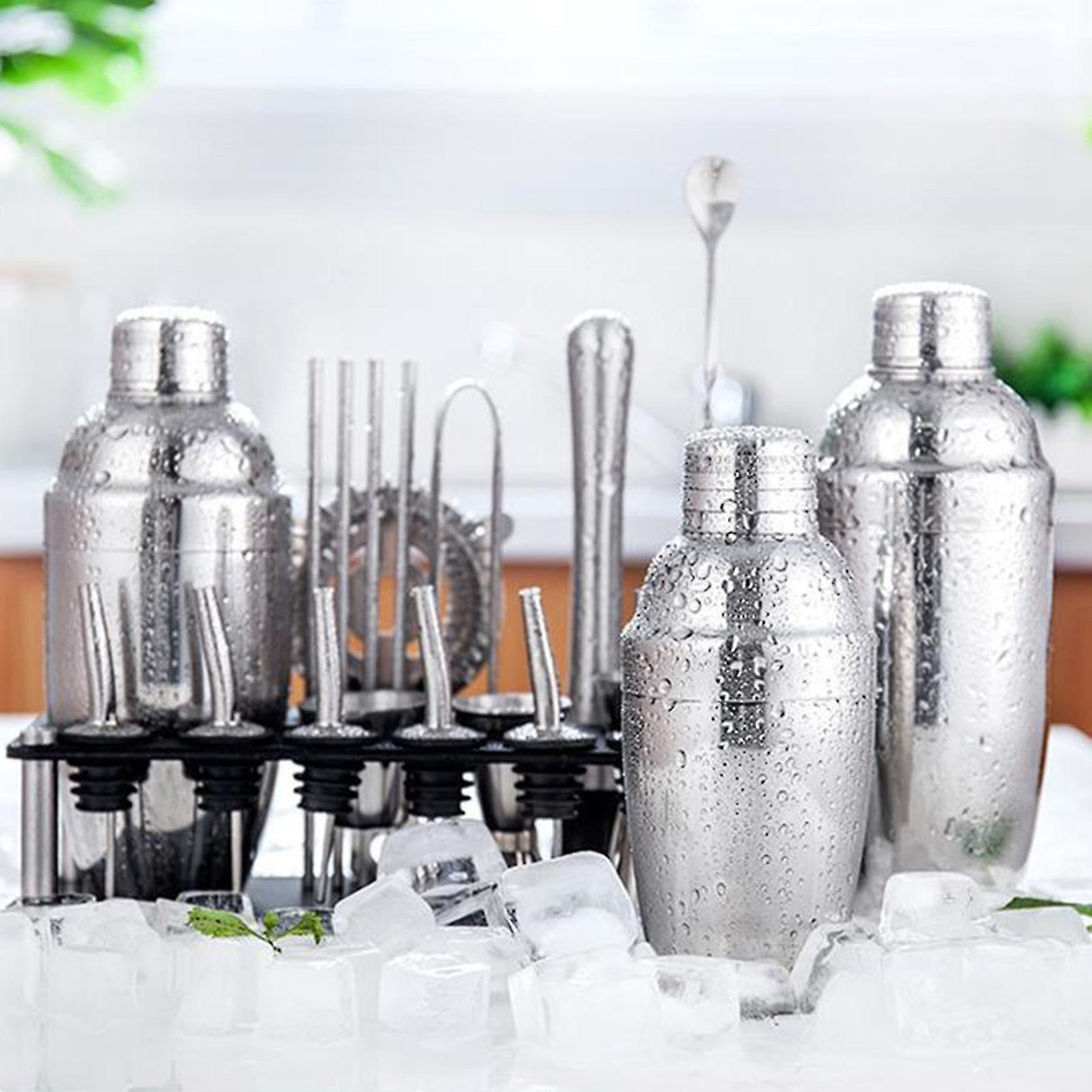 Hjemix | 23pcs/Set Bartender Kit Profesjonell Allsidighet Rustfritt Stål Martini Cocktail Shaker med Stativ Bar Tilbehør