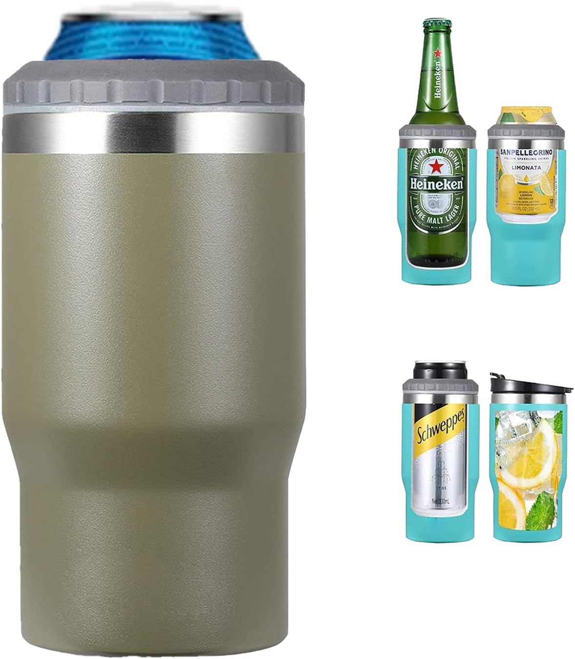 Hjemix | 4 i 1 rustfritt stål boks/flaske isolator, 14Oz toveis lokk SUS isolert boks kjøler, ølboksholder (Svart)