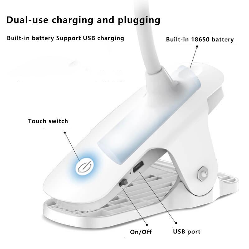 Hjemix | Enkel LED Clip Skrivebordlampe Oppladbar Øyebeskyttelse Nattlys