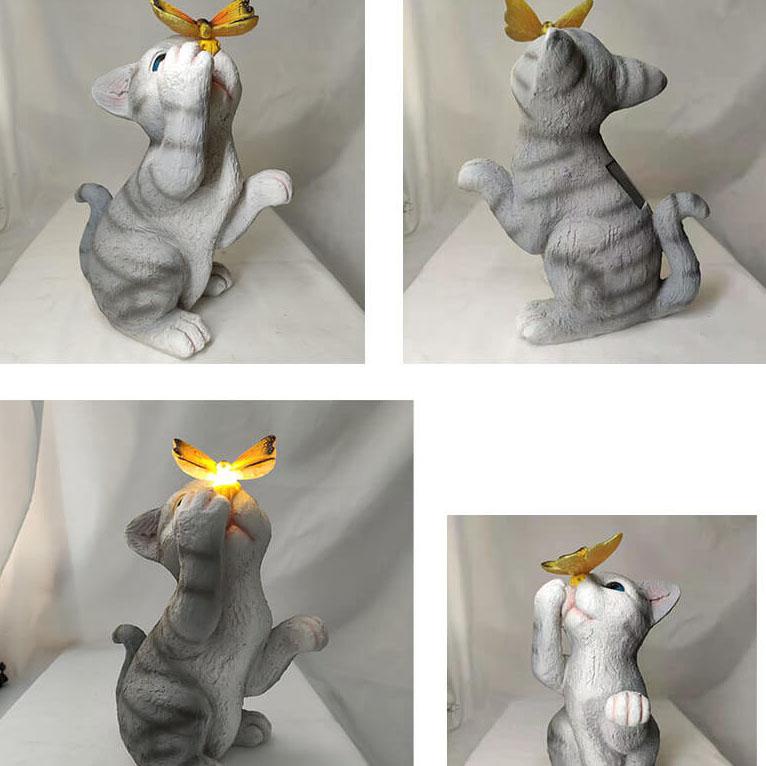 Hjemix | SolarPurr Hagebelysning | LED Katt Figur med Sommerfugl | Soldrevet | Værbestandig | Utendørs Dekorasjon