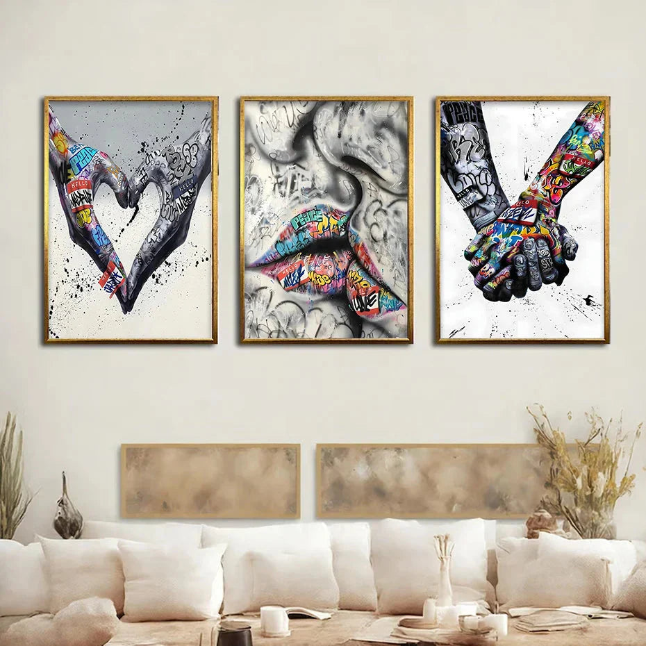 Hjemix | 3PCS Moderne Kjærlighet Hånd i Hånd Kyss Kyss Plakat Graffiti Banksy Gate Veggkunst Lerret Maleri Trykk Bilder Romdekorasjon