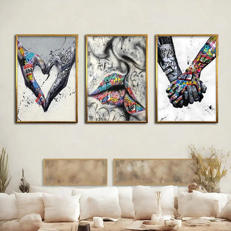 Hjemix | 3PCS Moderne Kjærlighet Hånd i Hånd Kyss Kyss Plakat Graffiti Banksy Gate Veggkunst Lerret Maleri Trykk Bilder Romdekorasjon