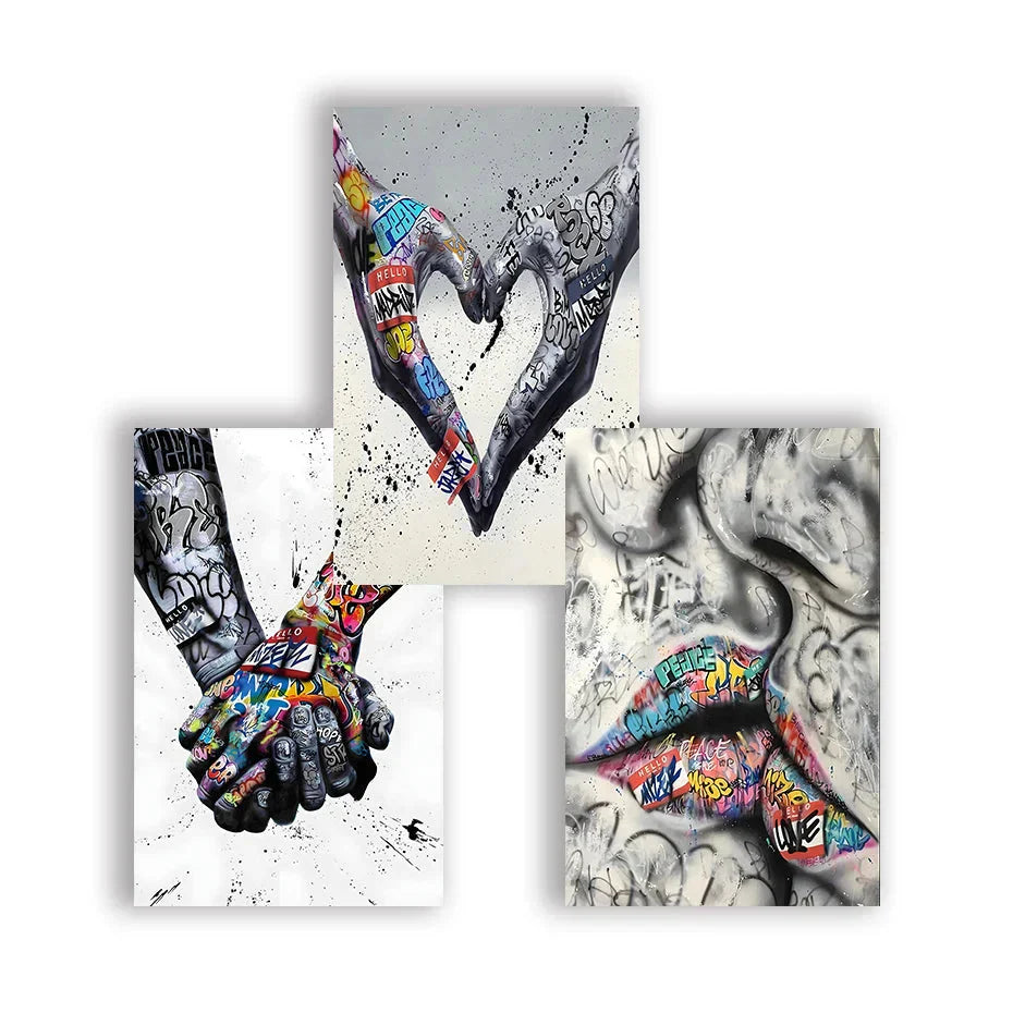Hjemix | 3PCS Moderne Kjærlighet Hånd i Hånd Kyss Kyss Plakat Graffiti Banksy Gate Veggkunst Lerret Maleri Trykk Bilder Romdekorasjon
