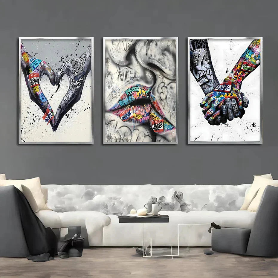 Hjemix | 3PCS Moderne Kjærlighet Hånd i Hånd Kyss Kyss Plakat Graffiti Banksy Gate Veggkunst Lerret Maleri Trykk Bilder Romdekorasjon