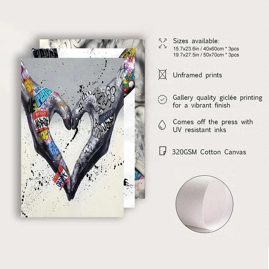 Hjemix | 3PCS Moderne Kjærlighet Hånd i Hånd Kyss Kyss Plakat Graffiti Banksy Gate Veggkunst Lerret Maleri Trykk Bilder Romdekorasjon