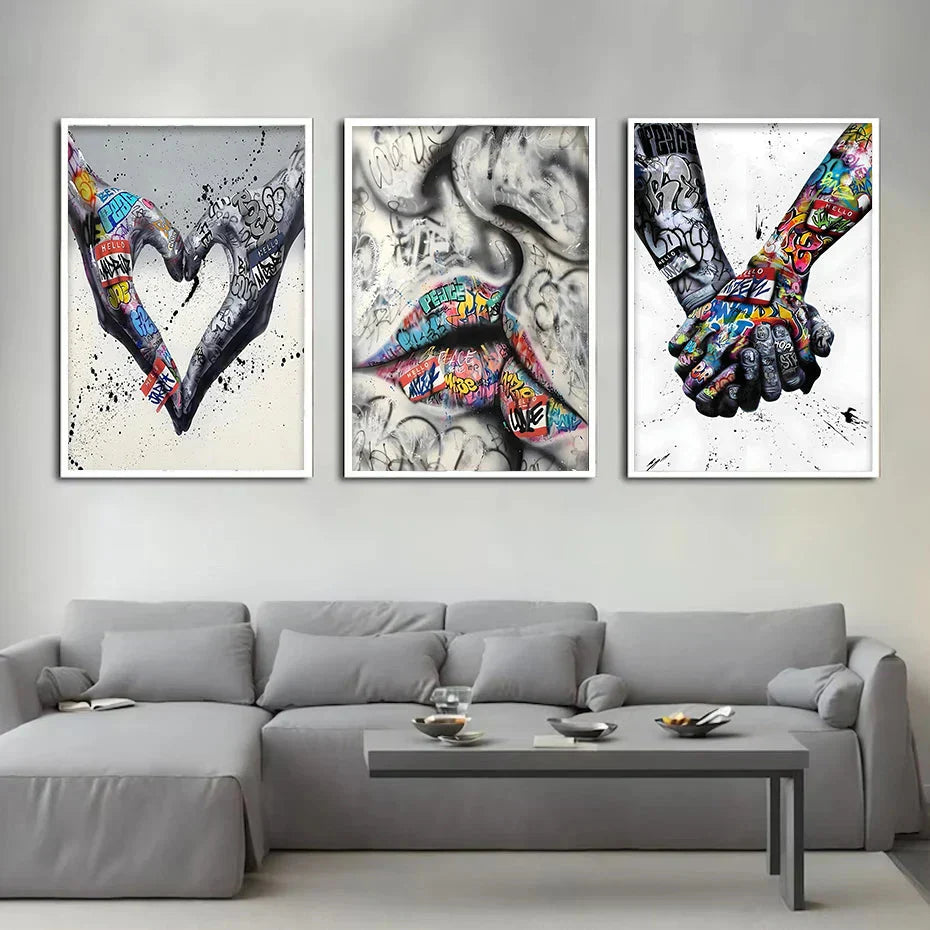 Hjemix | 3PCS Moderne Kjærlighet Hånd i Hånd Kyss Kyss Plakat Graffiti Banksy Gate Veggkunst Lerret Maleri Trykk Bilder Romdekorasjon