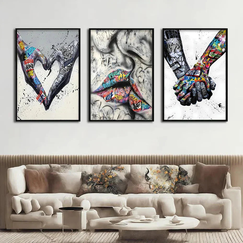 Hjemix | 3PCS Moderne Kjærlighet Hånd i Hånd Kyss Kyss Plakat Graffiti Banksy Gate Veggkunst Lerret Maleri Trykk Bilder Romdekorasjon
