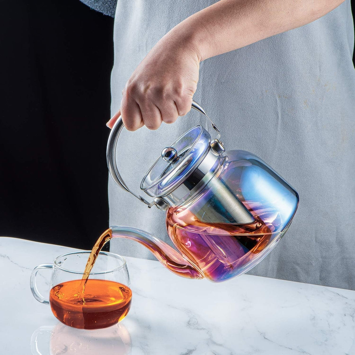 Hjemix | 50 Oz(1500Ml) Glass Teapot with Lid, Removable Stainless Steel Tea Strainer and Handle, Stovetop Safe Tea Maker for Blooming and Loose Leaf Tea (Iridescent)