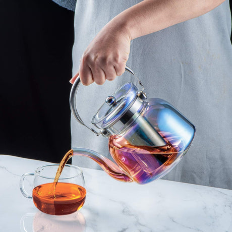 Hjemix | 50 Oz(1500Ml) Glass Teapot with Lid, Removable Stainless Steel Tea Strainer and Handle, Stovetop Safe Tea Maker for Blooming and Loose Leaf Tea (Iridescent)