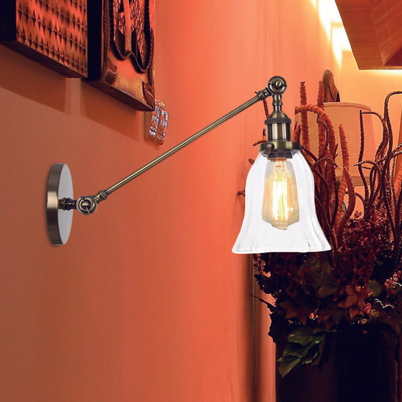 Hjemix | Svart/Brons/Messing 1 Lys Vegglampe Vintage Klar Glassklokke Vegglampe med Arm, 8"/12" Lang