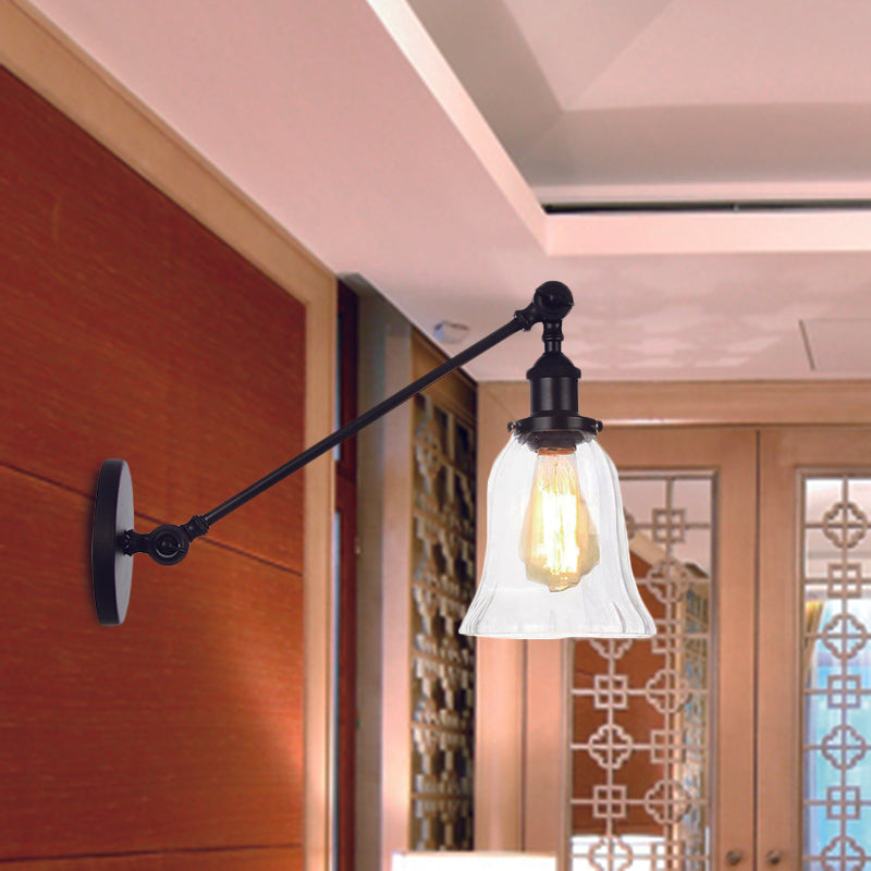 Hjemix | Svart/Brons/Messing 1 Lys Vegglampe Vintage Klar Glassklokke Vegglampe med Arm, 8"/12" Lang