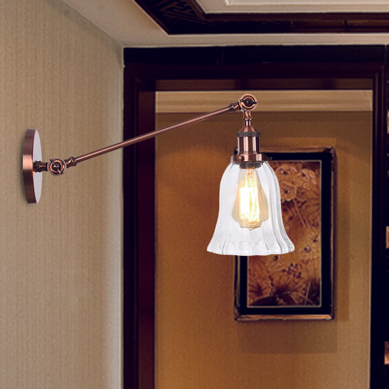 Hjemix | Svart/Brons/Messing 1 Lys Vegglampe Vintage Klar Glassklokke Vegglampe med Arm, 8"/12" Lang