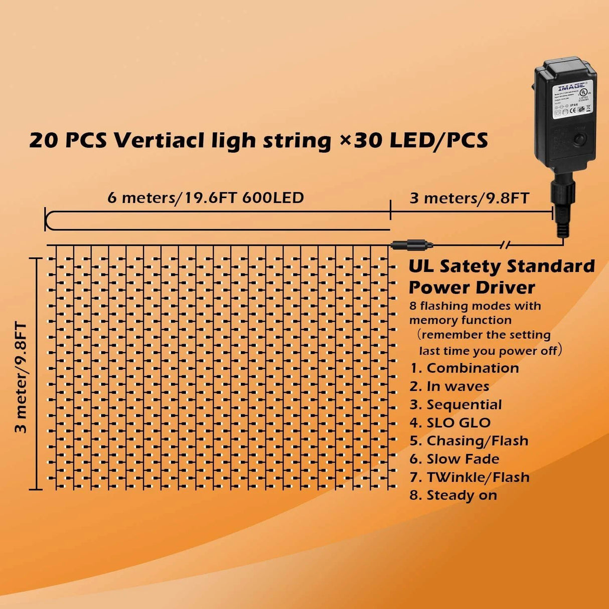 Hjemix | 600 LED 9.8 x 19.6 FT. LED gardinlys med 8 lysmoduser og minnefunksjon