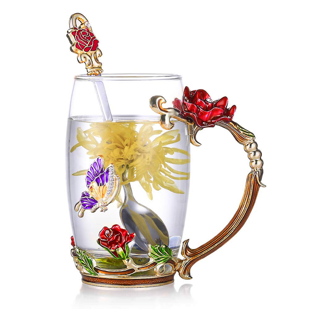 Hjemix | Emalje Rose Glass Te koppesett (Med skje)