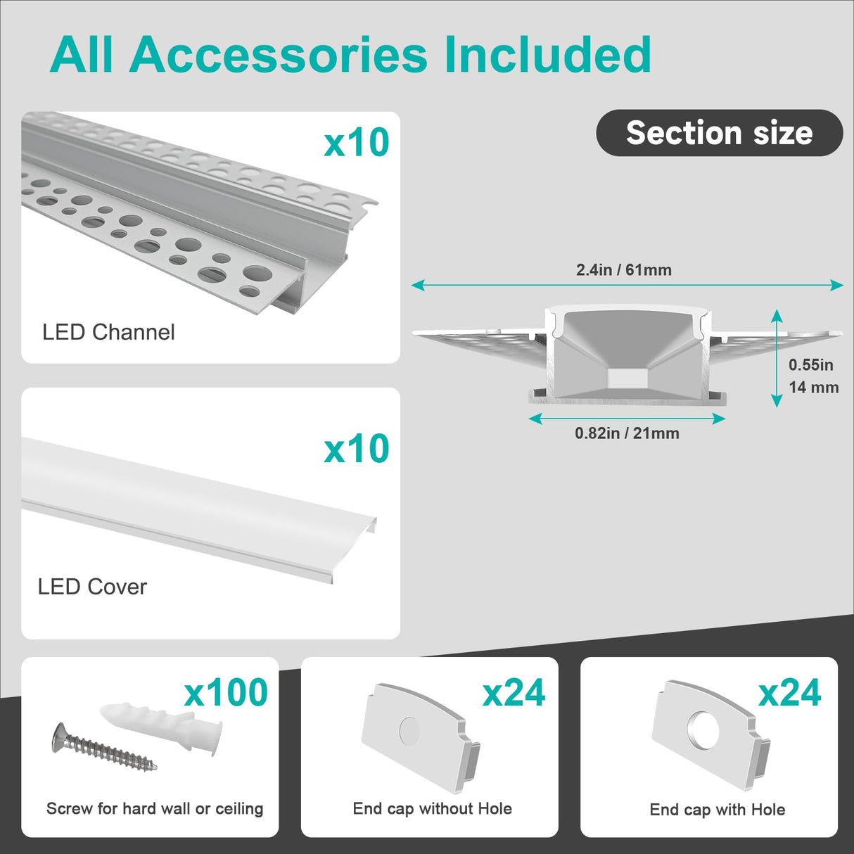 Hjemix | Hunhun 10-Pack 6.6Ft Led Aluminium Kanal Med Diffuser, Trimless Innfelt Belysning, Sølv