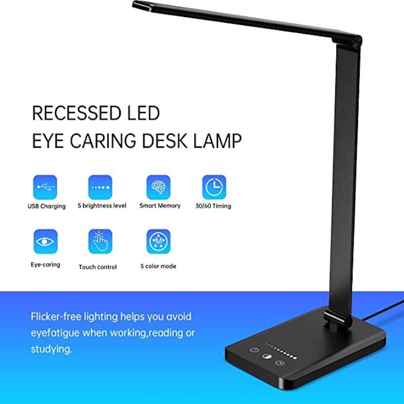 Hjemix | LED skrivebordslampe med USB-ladeport, dimbar øyevennlig leselampe for hjemmet, med 5 lysstyrkenivåer & 3 lysmoduser, berøringskontroll, autotimer (Svart)