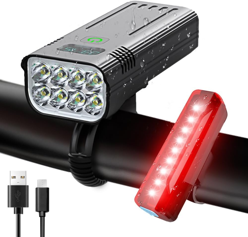Hjemix | Victoper 8000 Lumens Sykkel Lys Sett, 8 Led Usb Oppladbare Foran & Bak Lys, Matt Svart
