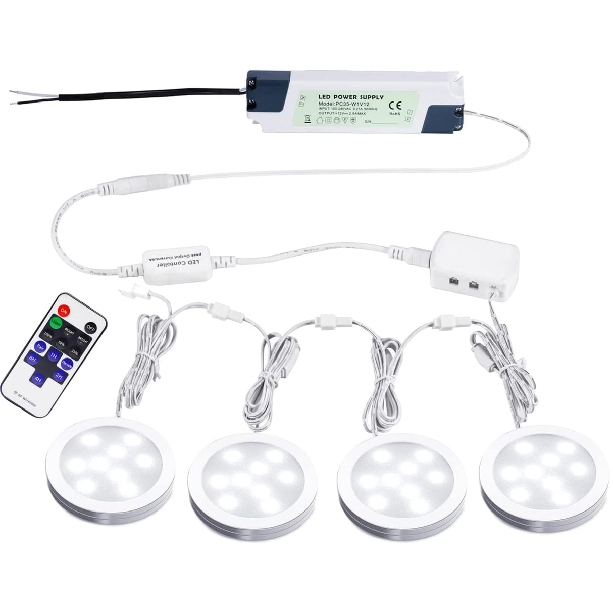 Hjemix | Aiboo Linkbare Led Under Skap Lys Hardwired 12V Slim Aluminium Dimmbar Puck Lys Med Fjernkontroll For Skapbelysning (4 Lys, Dagslys Hvit, Ingen Veggkontakt)
