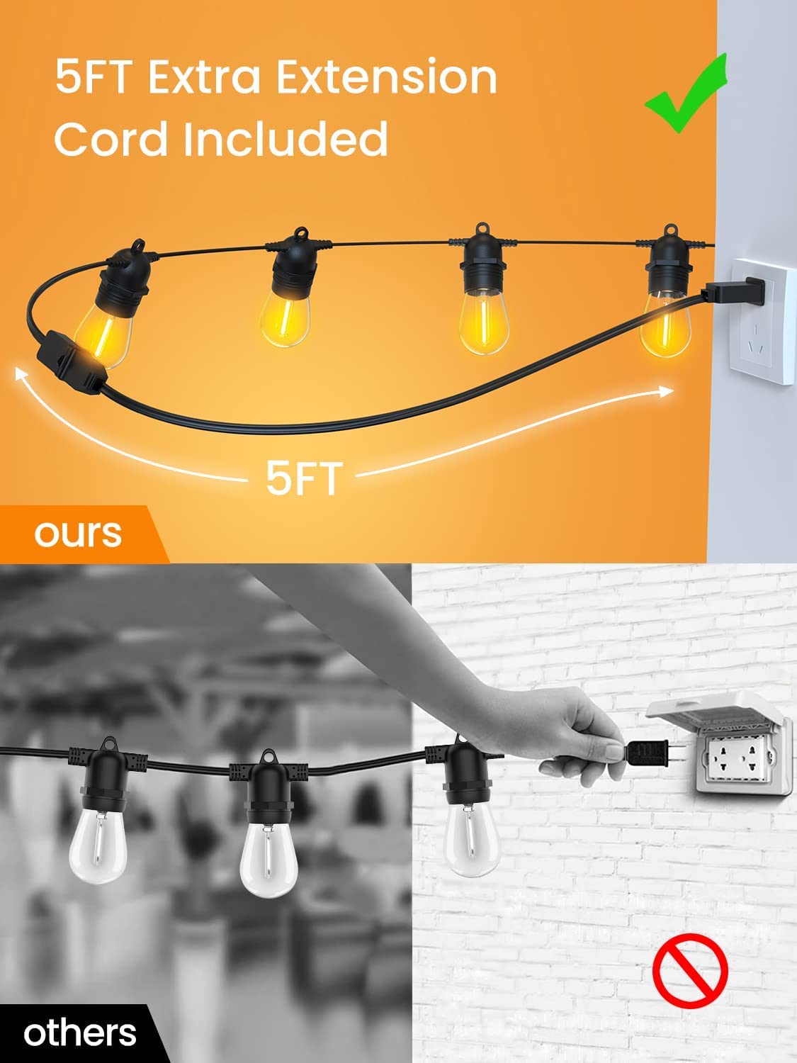 Hjemix | Festoon Lights Utendørs, 53FT/16M S14 Utendørs Hage LED Lyslenker, IP65 Vanntett Utendørs Lyslenker Hovedstrøm 2700K 15+1 (Erstatning) Lyspærer for Utendørs Terrasse Hage Bryllup Fest