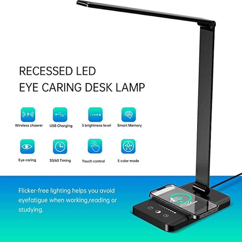 Hjemix | LED skrivebordslampe med USB-ladeport, dimbar øyevennlig leselampe for hjemmet, med 5 lysstyrkenivåer & 3 lysmoduser, berøringskontroll, autotimer (Svart)