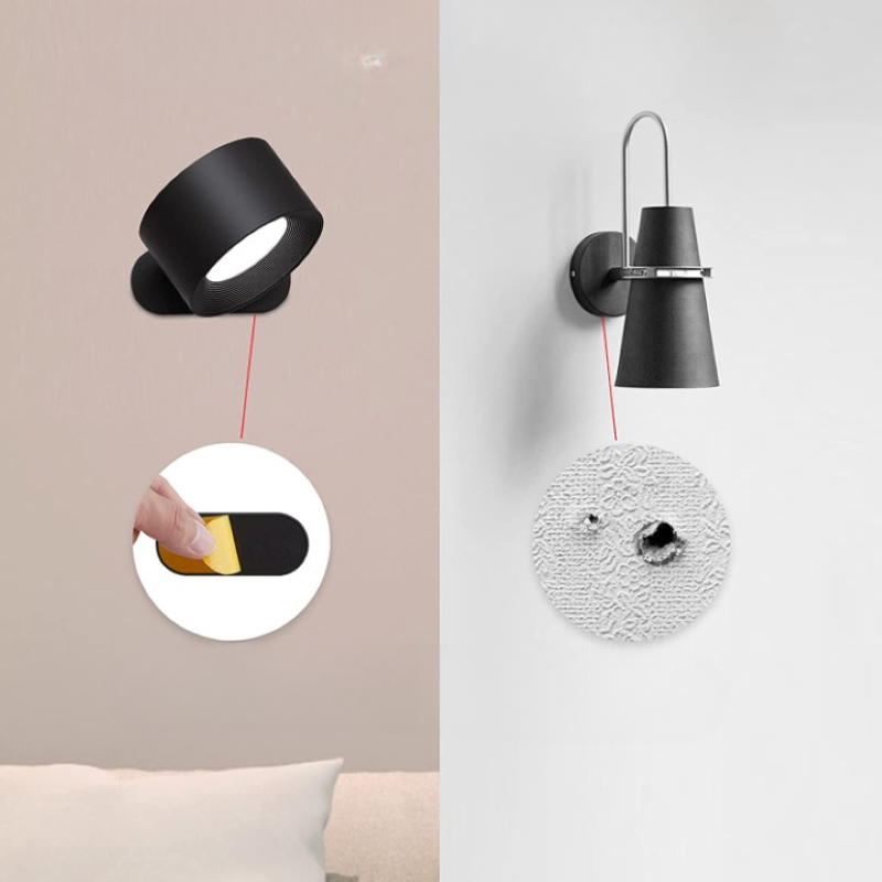Hjemix | LED Vegglamper, Veggmonterte Lamper med Oppladbart Batteri, 3 Fargetemperaturer & 3 Lysstyrkenivåer, 360° Rotérbar Magnetisk Kugle, Trådløse Vegglamper for Studie, Lesing, Nattbord
