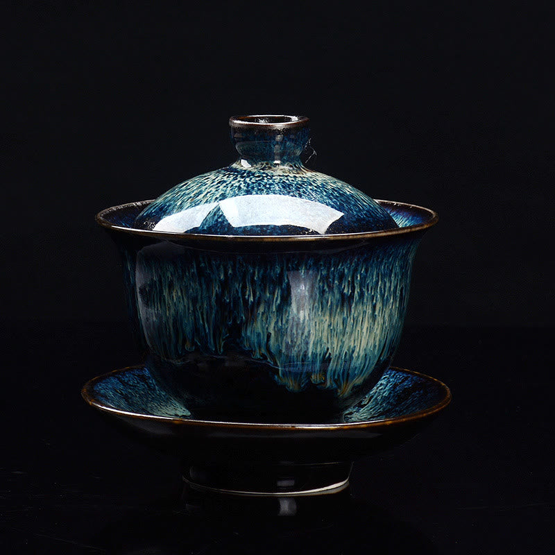 Hjemix | Vintage Brennovn Keramisk Gaiwan Sancai Tekopp Tekopp og Tallerken med Lokk