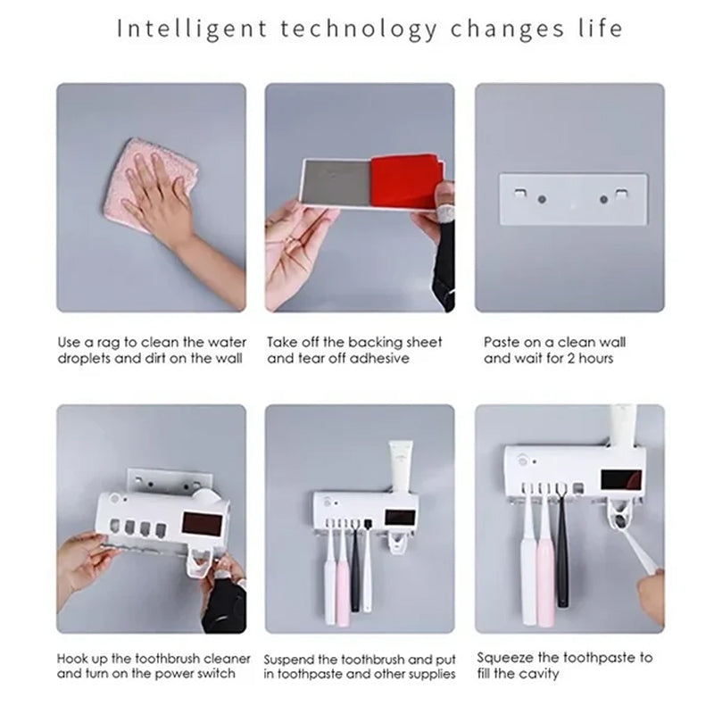 Hjemix | Smart UV Lys Sterilisator Tannbørsteholder, Veggmontert Tannkremdispenser