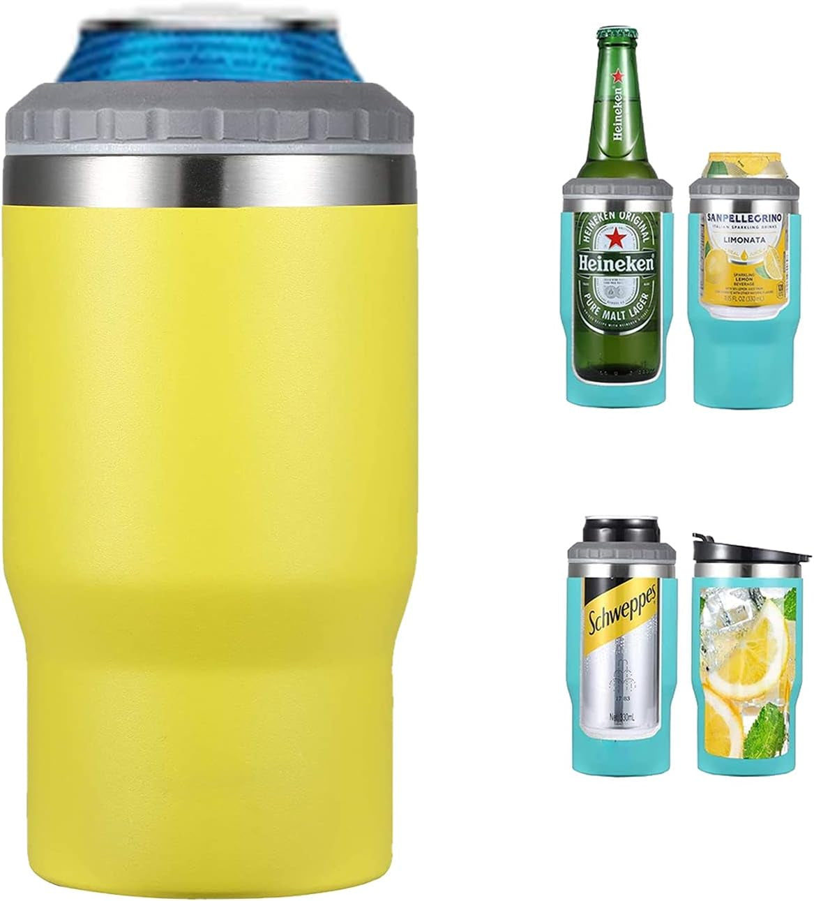 Hjemix | 4 i 1 rustfritt stål boks/flaske isolator, 14Oz toveis lokk SUS isolert boks kjøler, ølboksholder (Svart)