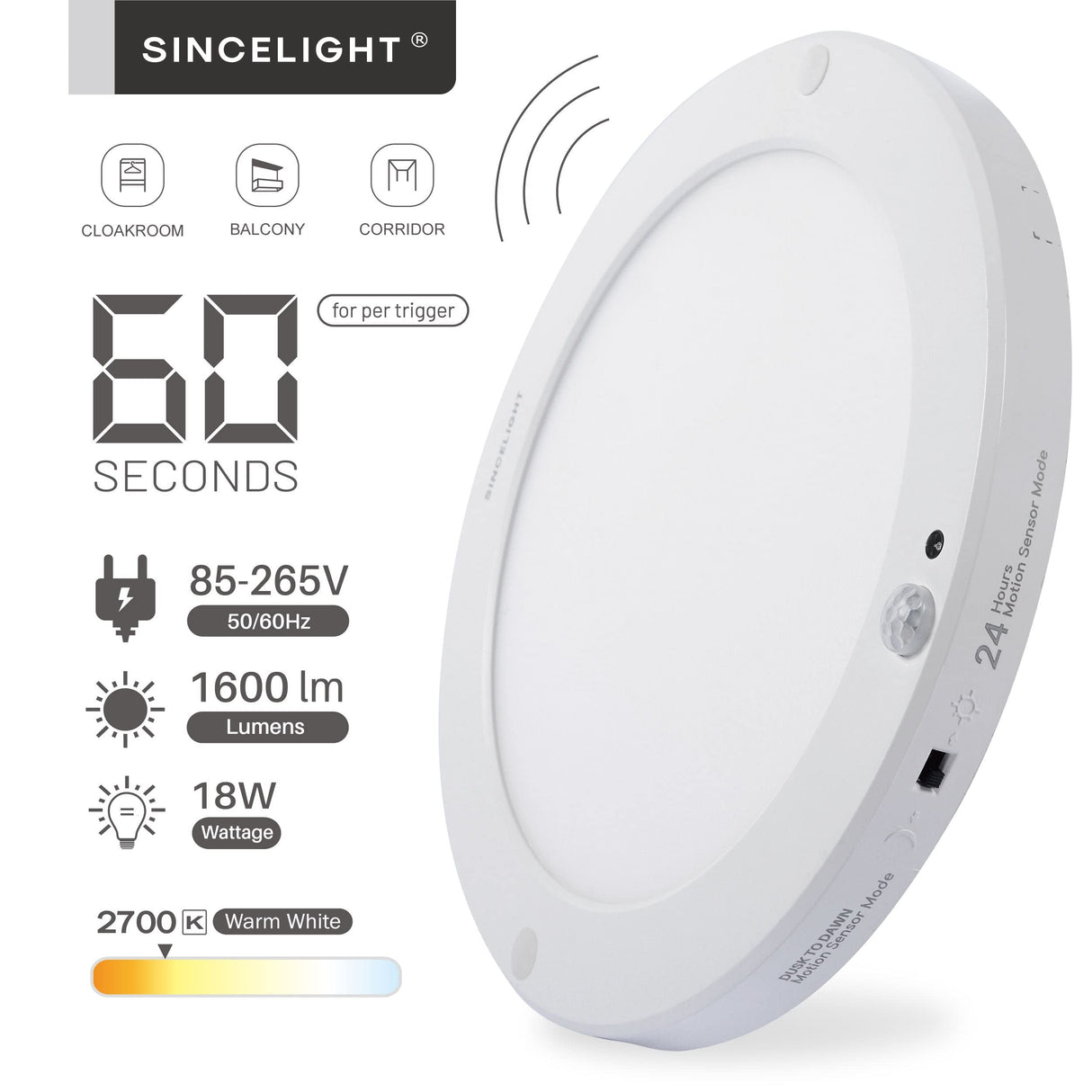 Hjemix | Sincelight Pir Led Bevegelsessensor Taklampe, 18W Ultrathin, Varm Hvit, Skumringslys