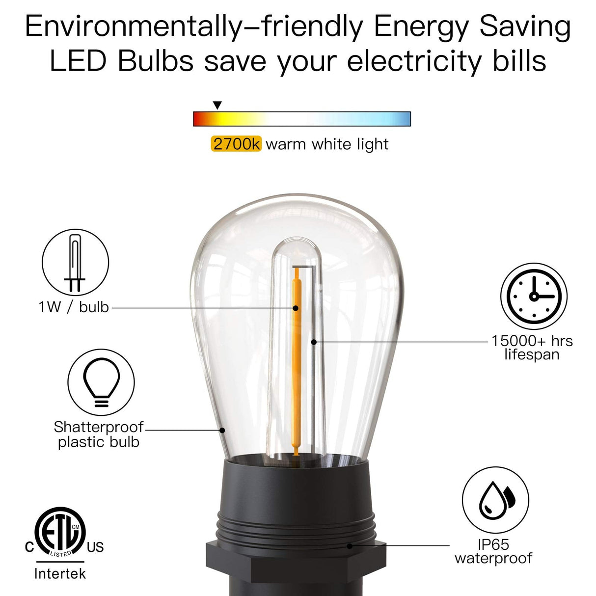 Hjemix | Festoon Lights Utendørs, 53FT/16M S14 Utendørs Hage LED Lyslenker, IP65 Vanntett Utendørs Lyslenker Hovedstrøm 2700K 15+1 (Erstatning) Lyspærer for Utendørs Terrasse Hage Bryllup Fest