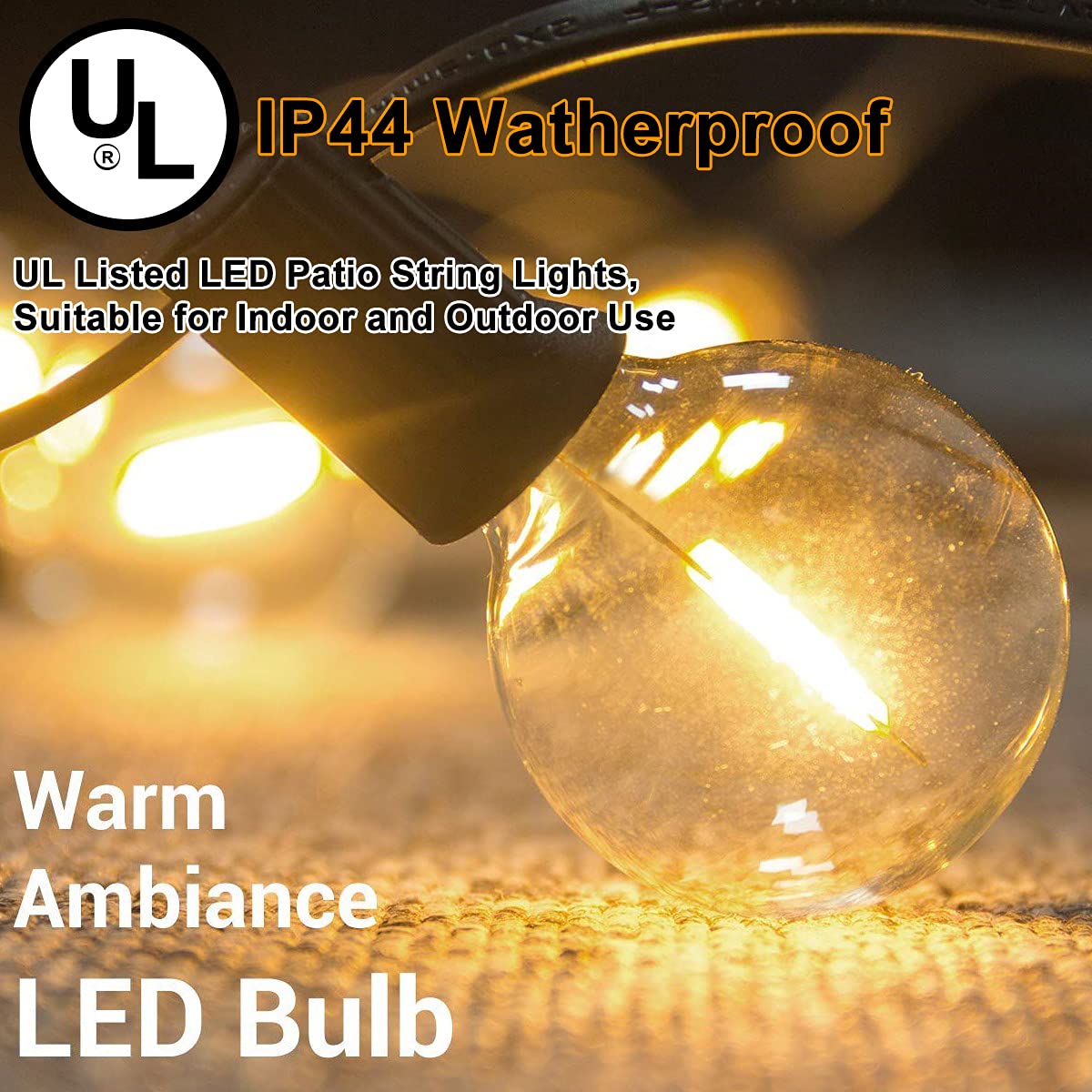 Hjemix | Abeja 25Ft Led Utendørs Lyskæde - G40 Globe, 25 Shatterproof Pærer, Vanntett Svart Ledning
