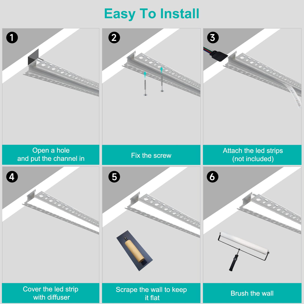 Hjemix | Hunhun 10-Pack 6.6Ft Led Aluminium Kanal Med Diffuser, Trimless Innfelt Belysning, Sølv