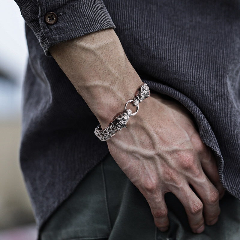 Hjemix | Viking Rustfritt Stål Dobbel Ulvehode Fenris Armbånd