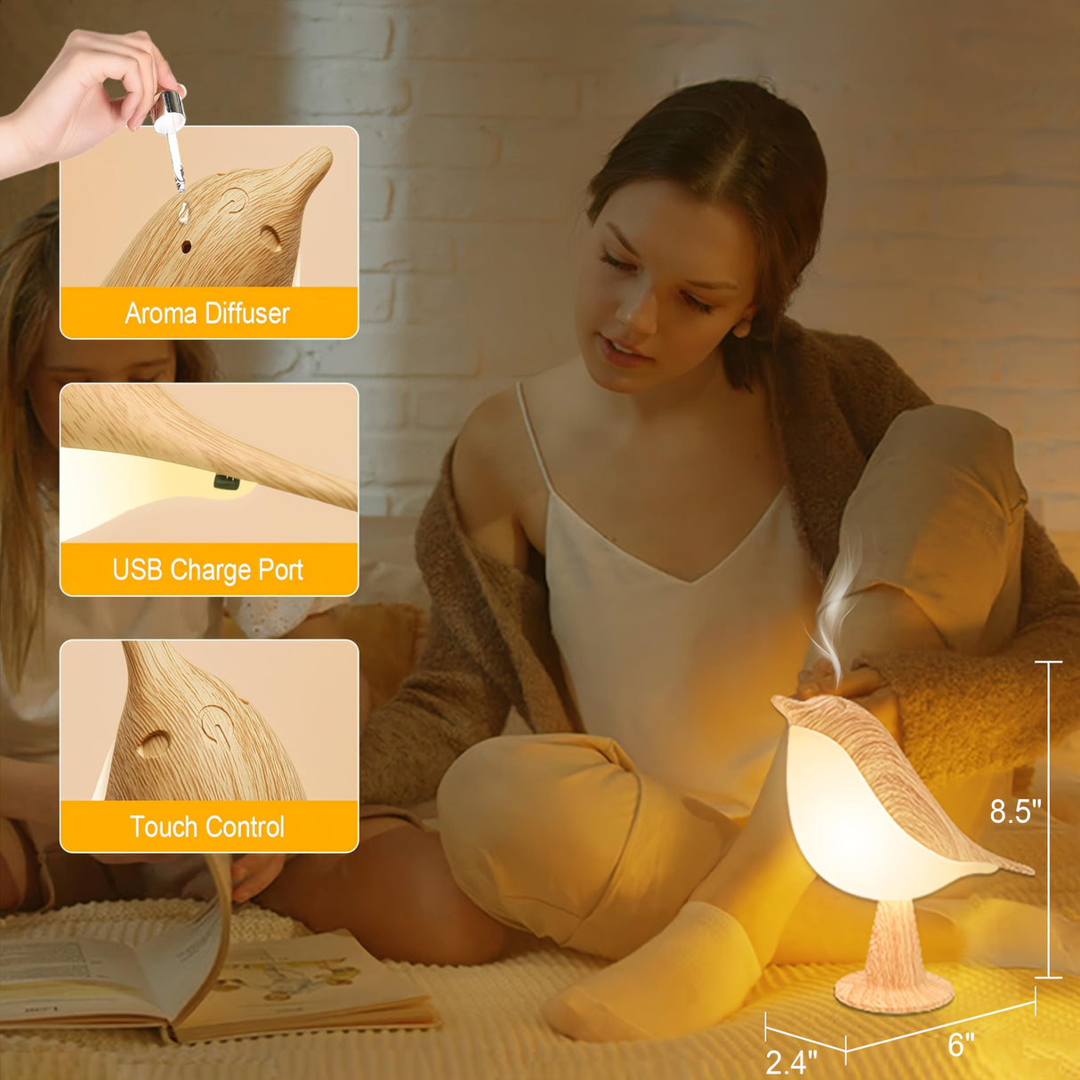 Hjemix | Vquand 2 Pakke Fugle Skrivebordslampe - Oppladbar Barne Nattlampe Med Berøringssensor & 3 Fargemodi