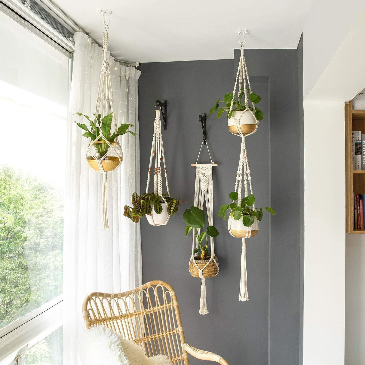 Hjemix | 4-delt håndlaget Boho makramee planteholder sett
