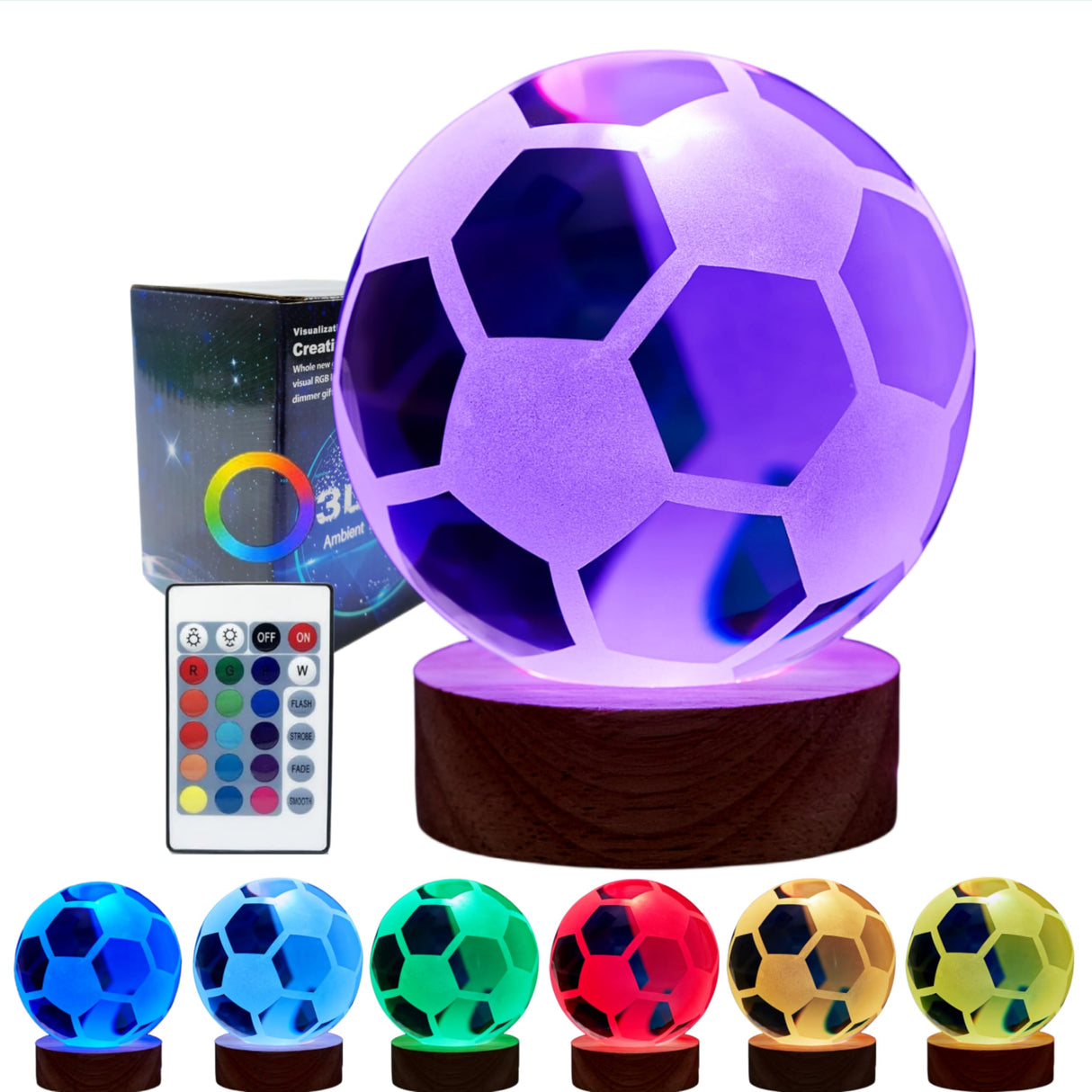 Hjemix | 3D Krystallball Lampe, Livaktig Fotball Nattlys, 16 Fargeendringer Med Dimmbar Fjernkontroll, Fotball Lampe Gave