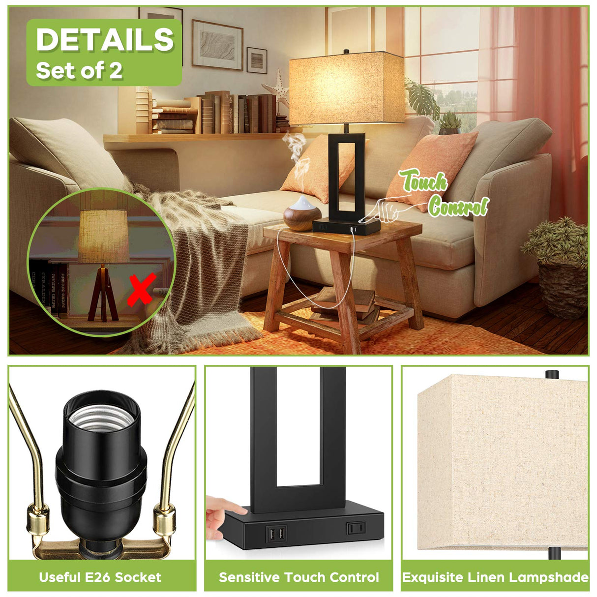 Hjemix | Tobusa Set Of 2 Touch Control Table Lamps With Usb Ports, 3-Way Dimmable, Beige Shade