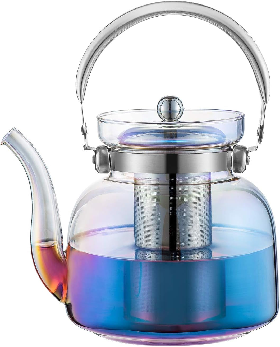 Hjemix | 50 Oz(1500Ml) Glass Teapot with Lid, Removable Stainless Steel Tea Strainer and Handle, Stovetop Safe Tea Maker for Blooming and Loose Leaf Tea (Iridescent)