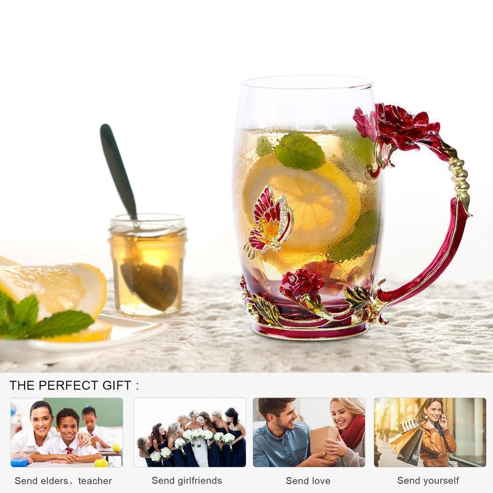 Hjemix | Emalje Rose Glass Te koppesett (Med skje)